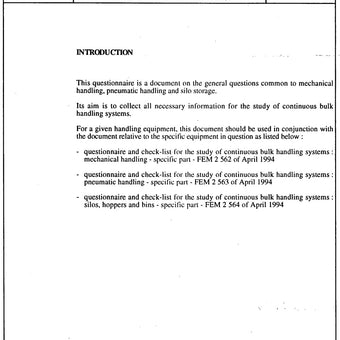 FEM 2.561 - Questionnaire for the Study of Continuous Bulk Handling Systems: Problems common to mechanical handling, pneumatic handling and silo storage