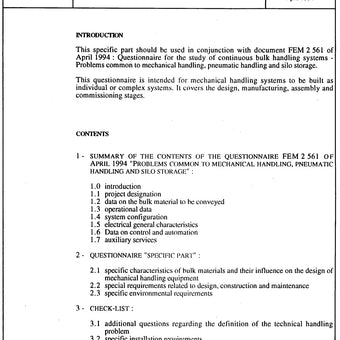 FEM 2.562 - Questionnaire for the Study of Continuous Bulk Handling Systems: mechanical handling - specific part