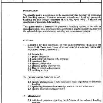 FEM 2.563 - Questionnaire for the Study of Continuous Bulk Handling Systems: pneumatic handling - specific part