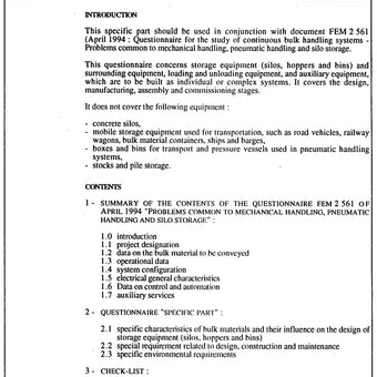 FEM 2.564 - Questionnaire for the Study of Continuous Bulk Handling Systems: silos, hoppers and bins - specific part