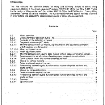 FEM 9.683 - Series Lifting Equipment: Selection of lifting and travel motors