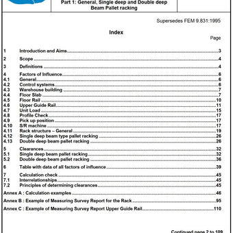 FEM 9.831-1 - Basis of calculations for storage and retrieval machines - Tolerances, deformations and clearances in the storage system / Part 1: General, Single deep and Double deep Beam Pallet racking